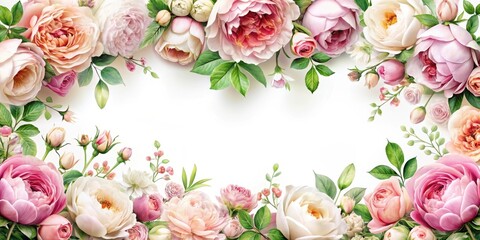 Elegant rose and peony floral border on white background , roses, arrangement,  roses