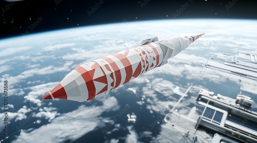 Poster Geometric paper rocket designed with intricate patterns floating in a zero gravity outer space environment showcasing a futuristic and innovative concept of space and technology