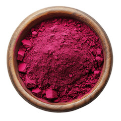 beetroot powder in a wooden bowl top view isolated on transparent white background, clipping path