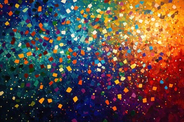 Vibrant abstract painting of colorful confetti. Ideal for celebratory designs, adding joy and energy to projects.