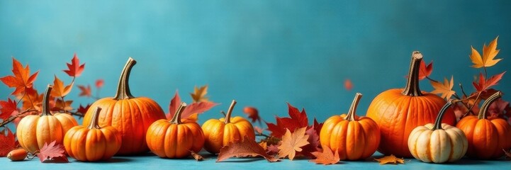 Cluster of pumpkins & vibrant fall leaves against a serene blue backdrop, still life, oak