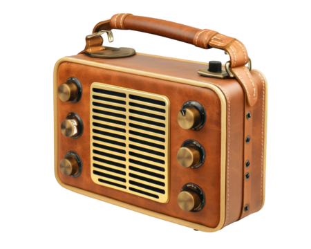Retro style radio with leather exterior and analog tuner, featuring vintage design elements and multiple knobs for tuning and volume control. This charming piece evokes nostalgia and warmth