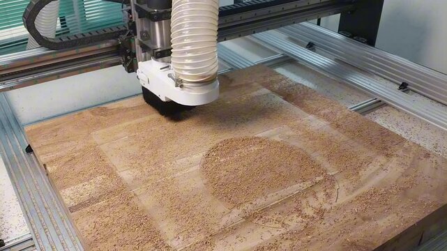 timelapse, carving a stylized teak collage on a CNC machine with a 4 mm diameter chisel, a ship figurine, marine animals
