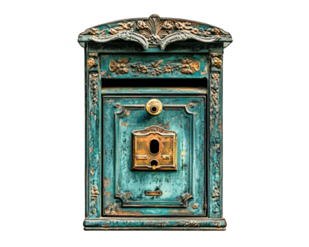 Vintage style mailbox with intricate details, showcasing beautiful patina and ornate design. Perfect for adding character to any home or garden