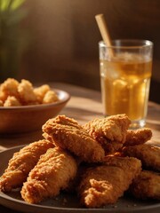 Crispy Golden Chicken Strips and Nuggets in Sunlit Outdoor Setting
