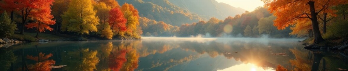 Crisp air, golden leaves reflect in still lake , clouds, serene, calm