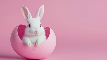 Fototapeta premium A cute white rabbit peeks out from a pink egg, set against a soft pink background, creating a whimsical and playful Easter-themed vibe, Easter