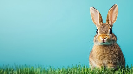Obraz premium A cute rabbit sitting in green grass against a blue background, showcasing its large ears and fluffy fur, Easter