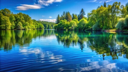 Fototapeta premium Calming aquatic scene with blue water surface having gentle ripples and reflections of surrounding trees, reflective water, natural beauty