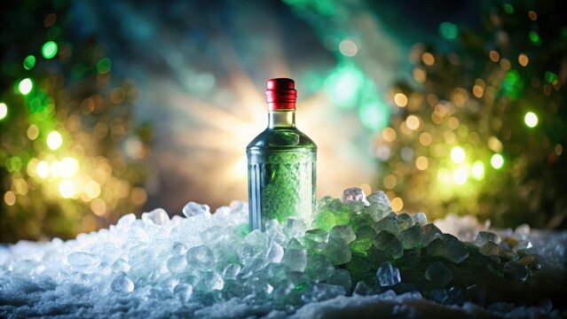 A clear, crystal-like Tanqueray Gin bottle perched on a bed of crushed ice, glowing with an ethereal light in the frosty ambiance of an upscale bar , beverage, tanqueray gin