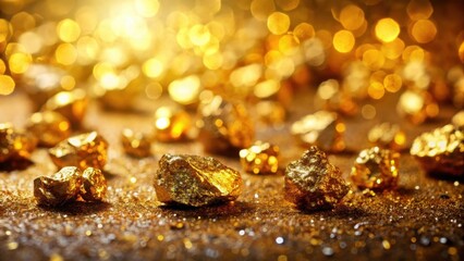 Sparkling golden nuggets and crystals scattered on a luxurious gold background, highlighting intricate patterns and textures of the precious ore , geological specimen, gold ore nuggets