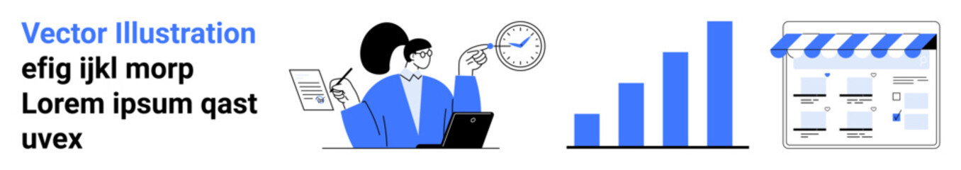 Businesswoman holding a paper and pointing at a clock, bar graph showing growth, and storefront with business details. Ideal for time management, data analysis, business growth, e-commerce, planning