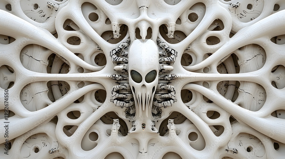 Poster Intricate digital artwork depicting biomechanical alien technology fused with organic materials in complex and visually striking patterns