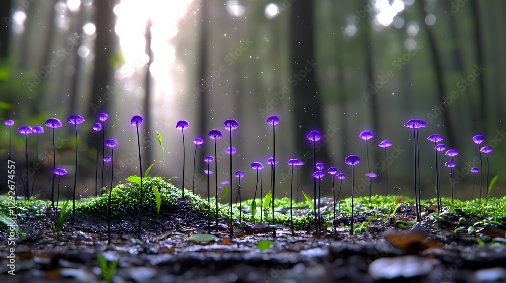 Aufkleber Isolated and mysterious growth of black  gamma ray absorbing fungi thriving in the lush  mossy forest environment under a simulated UV light source  creating a surreal and conceptual natural scene