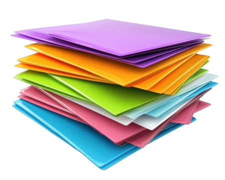 Colorful stack of envelopes in rainbow order, showcasing vibrant hues and cheerful aesthetic. Perfect for organizing documents or adding pop of color to any workspace