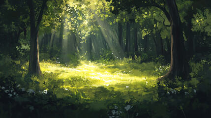 Obraz premium Sunlight filters through trees in a serene forest, illuminating the lush green ground.