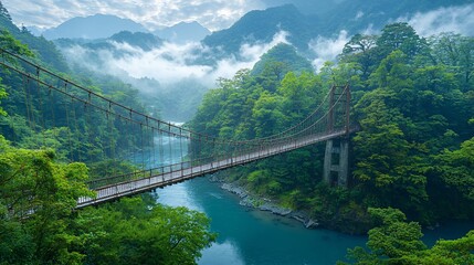 Fototapeta premium Scenic suspension bridge over misty river valley.