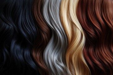 Naklejka premium Wavy hair in black, brown, grey, blonde, and auburn shades. Perfect for hair salon websites, hair product ads, or beauty blogs.