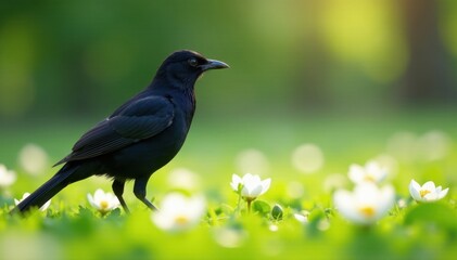 Obraz premium Dark bird against bright white flowers, vibrant spring scene , contrast, nature, garden