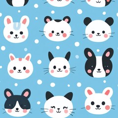 Cartoon Animal Faces Pattern on Light Blue Background
