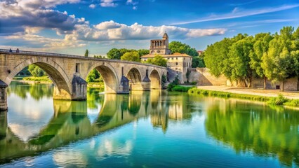 Fototapeta premium vue de la rive du Rh?ne ? Arles dans un paysage de canaux et de ponts anciens