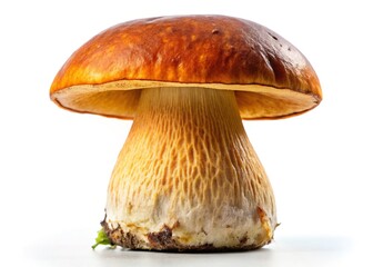 Close-up of a King Bolete mushroom, white backdrop.