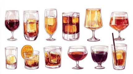Watercolor illustration showcases various types of alcoholic beverages in glasses