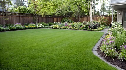 Lush green lawn in a well manicured suburban backyard surrounded by colorful blooming flower beds and a rustic wooden fence creating a peaceful and serene outdoor living space