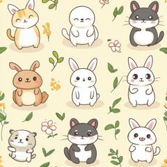 Fototapeta premium Cartoon Rabbits, Hamsters, and Floral Sprigs Pattern