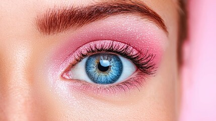 Obraz premium Close-up woman's eye with pink eyeshadow. Possible use Makeup tutorial