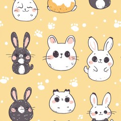 Cartoon Rabbits and Paw Prints Pattern on Yellow Background