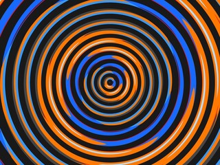 Abstract concentric circles background in vibrant orange, blue, and black.