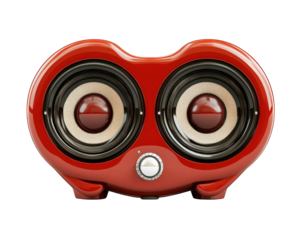 Retro red speaker with large round drivers, perfect for music lovers. This stylish audio device combines vintage design with modern sound quality, enhancing any space