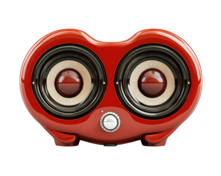 Retro red speaker with large round drivers, perfect for music lovers. This stylish audio device combines vintage design with modern sound quality, enhancing any space