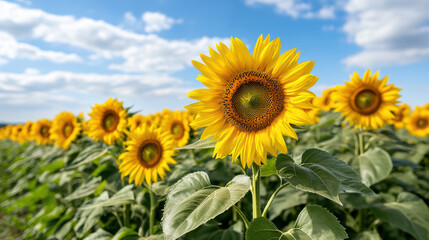Obraz premium vibrant field of sunflowers blooming under bright blue sky