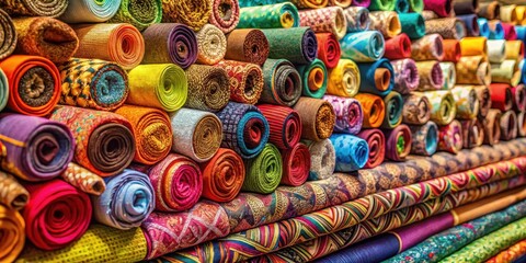 Obraz premium Colorful fabric rolls stacked haphazardly in a shop, with various patterns and textures on display