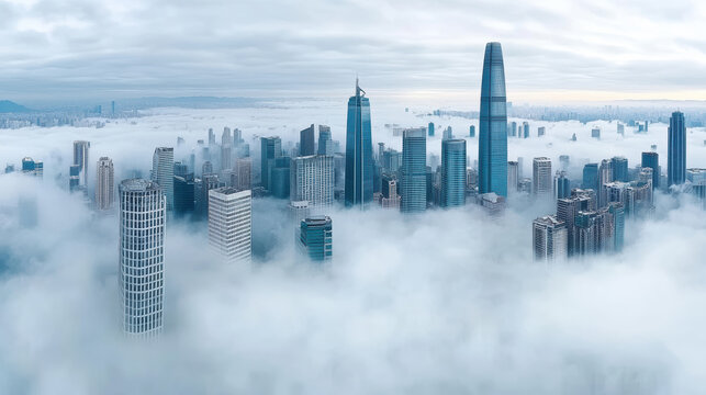 foggy morning in big city with skyscrapers barely visible