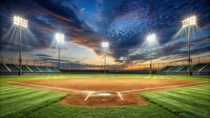 baseball field illuminated by bright lights at dusk, evening, sunset,  evening, sunset, outfield