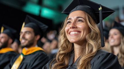 Fototapeta premium Graduation ceremony with joyful graduate smiling proudly among peers