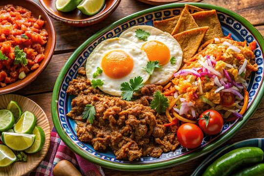 Delicious machaca breakfast plate, seen from above, showcasing vibrant Mexican flavors.