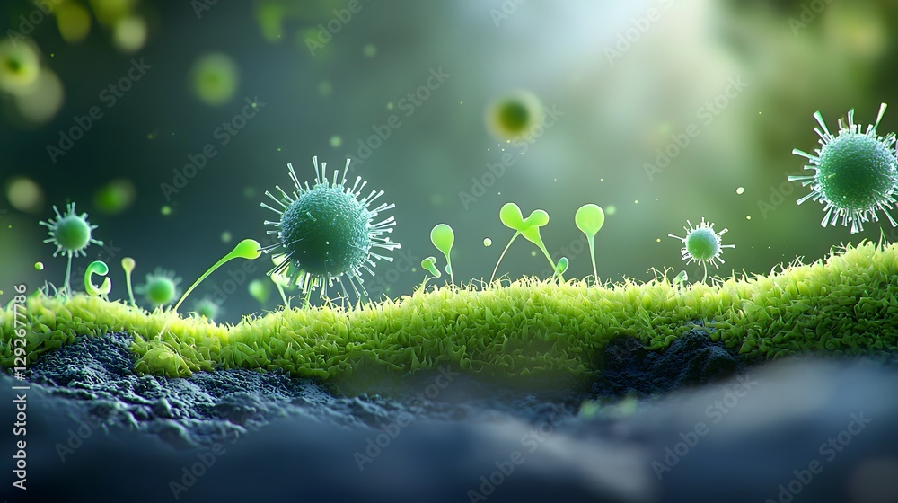 Aufkleber mesmerizing digital artwork depicting a close up visualization of glowing fungal spores exposed to g