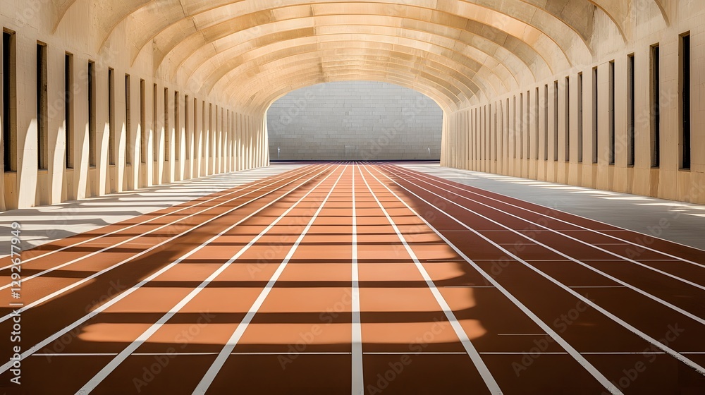 Aufkleber Minimalist architectural view of an arched geometric sports stadium venue interior with a track and field surface featuring a repeating tile pattern and vanishing perspective towards the distant end
