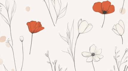 Naklejka premium Floral Illustration with Red Poppies and Line Art