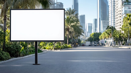 Empty billboard in urban setting with palm trees and skyscrapers