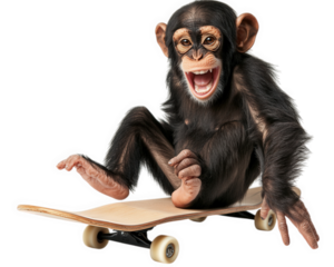 playful monkey with silly grin is sitting on skateboard, showcasing fun and energetic vibe. This captures joy and excitement of carefree moment