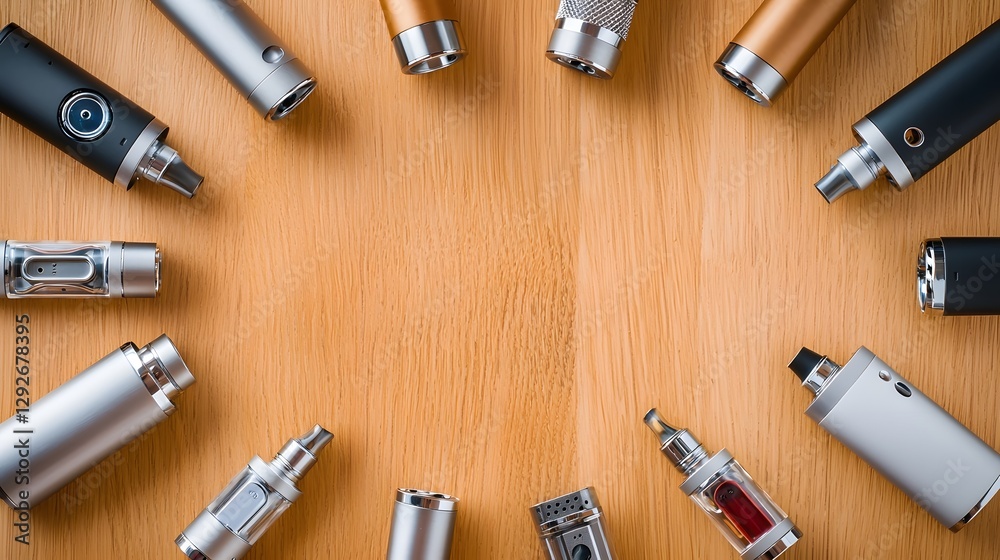 Aufkleber Overhead view of an assortment of vape devices e cigarettes and vaping equipment arranged in a circular pattern on a wooden table or surface  The image showcases various types of vaping mods tanks