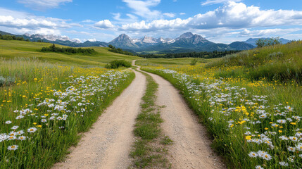scenic dirt road surrounded by wildflowers leads to majestic mountains