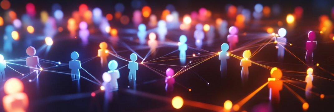 Vibrant social media network visualized through colorful 3D avatars connected by energetic lines of light. Generative AI