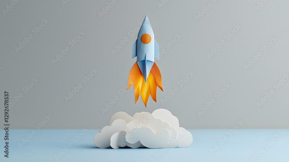 Poster Paper Rocket Shooting from Paper Cloud with Flame like Edges   of a creative visionary and futuristic paper craft design concept showcasing a dynamic ignited rocket launch from a fluffy paper cloud