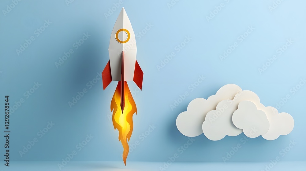 Poster paper rocket with flame like edges shooting dramatically from a paper cloud conveying a sense of ene